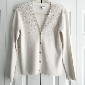 NWT Calvin Klein Cardigan Sweater Womens Sz S Ivory Gold Accents Ribbed-Knit